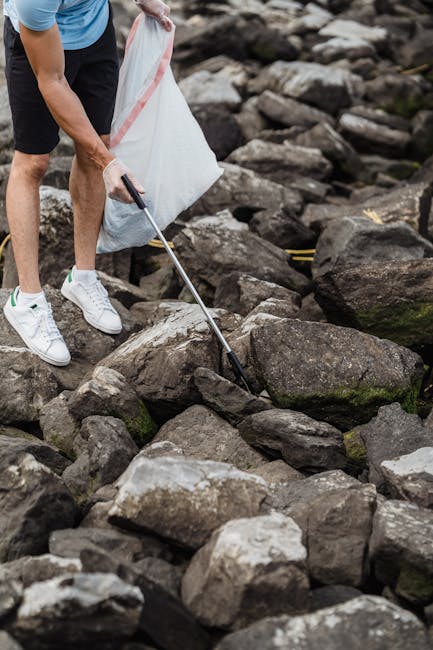 A person wearing white sneakers and black shorts is seen standing on a rocky shoreline, using a grabber tool to pick up small pieces of debris from the ground. They are holding a large white waste bag with a pink stripe, which is partially filled with collected rubbish, suggesting they are engaged in a cleanup activity. The rocks are dark grey to black, with rough textures and various sizes, and some are covered with patches of green moss or algae. The environment appears to be outdoors near water, with the rocks extending into the background, creating a natural and rugged setting. The lighting is natural, highlighting the textures of the rocks and the person's clothing. This scene illustrates a responsible approach to waste management in natural areas, aligning with services provided by companies like Rubbish Removal Chelsea, and highlights the importance of private waste collection or on-site rubbish clearance in outdoor environments where conventional waste services may not be accessible.